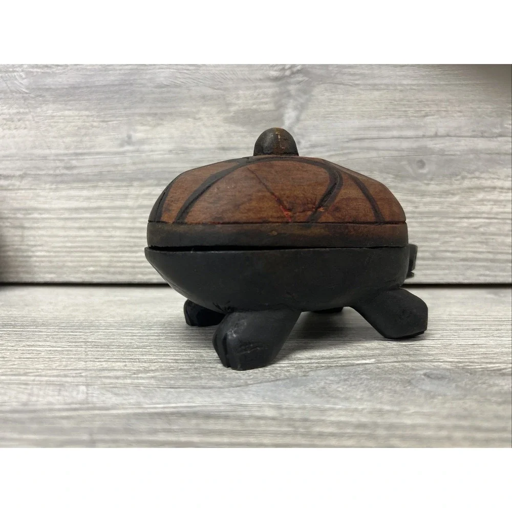 Wood Turtle Trinket Box With Lid Folk Art Vintage Hand Carved Kenya A4‎